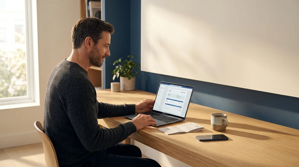 Employé concentré travaillant sur son coffre-fort numérique MyArkevia dans un bureau moderne et minimaliste.
