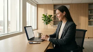 Bureau moderne avec ordinateur et smartphone pour consulter ses fiches de paie sur le coffre-fort numérique MyArkevia.