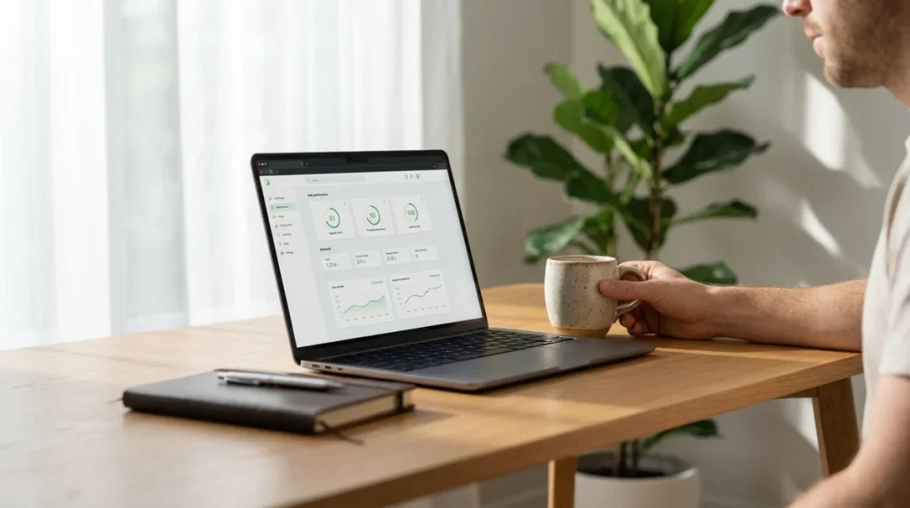 Bureau scandinave minimaliste avec ordinateur portable pour optimiser la vitesse d'un site WordPress