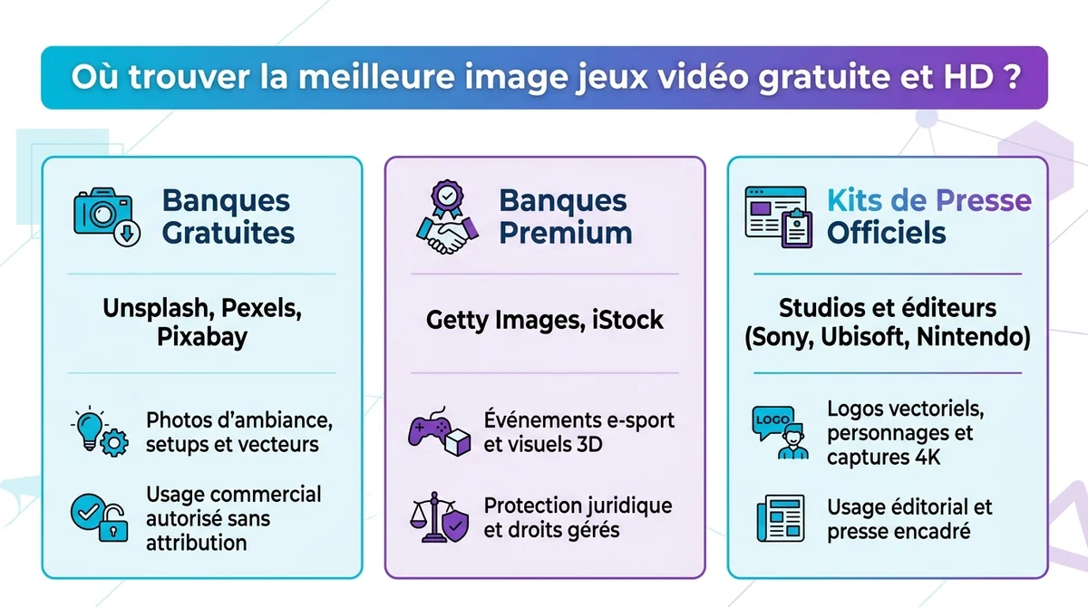 Infographie comparative des meilleures sources d'images de jeux vidéo HD gratuites, payantes et kits de presse.