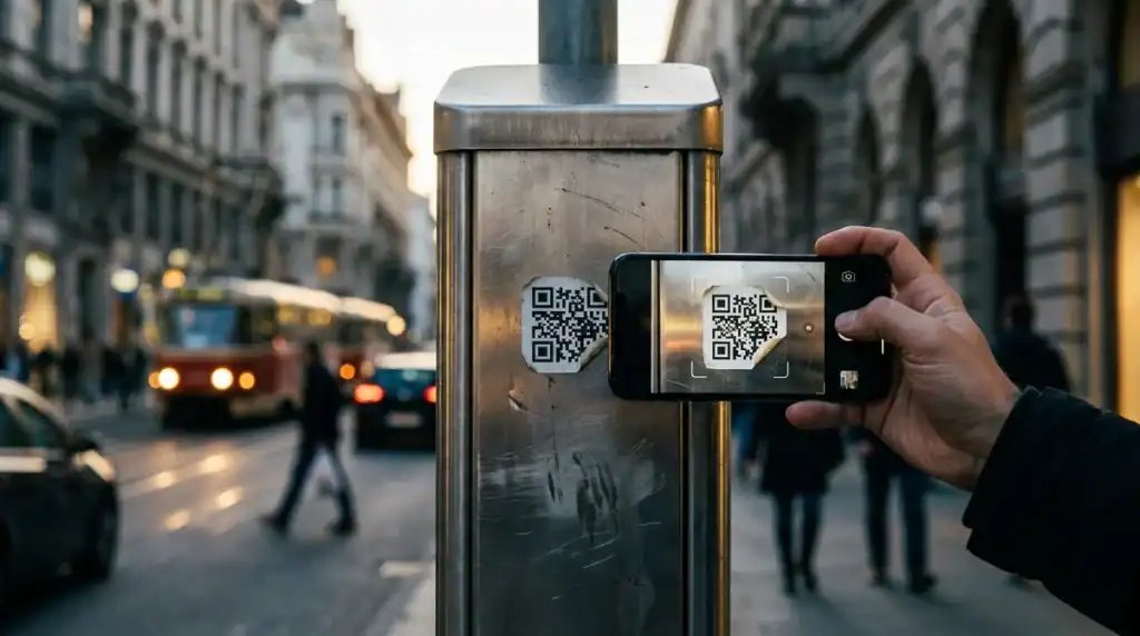 Smartphone scannant un QR code sur un parcmètre urbain pour illustrer les risques du quishing et de fraude numérique.