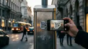 Smartphone scannant un QR code sur un parcmètre urbain pour illustrer les risques du quishing et de fraude numérique.