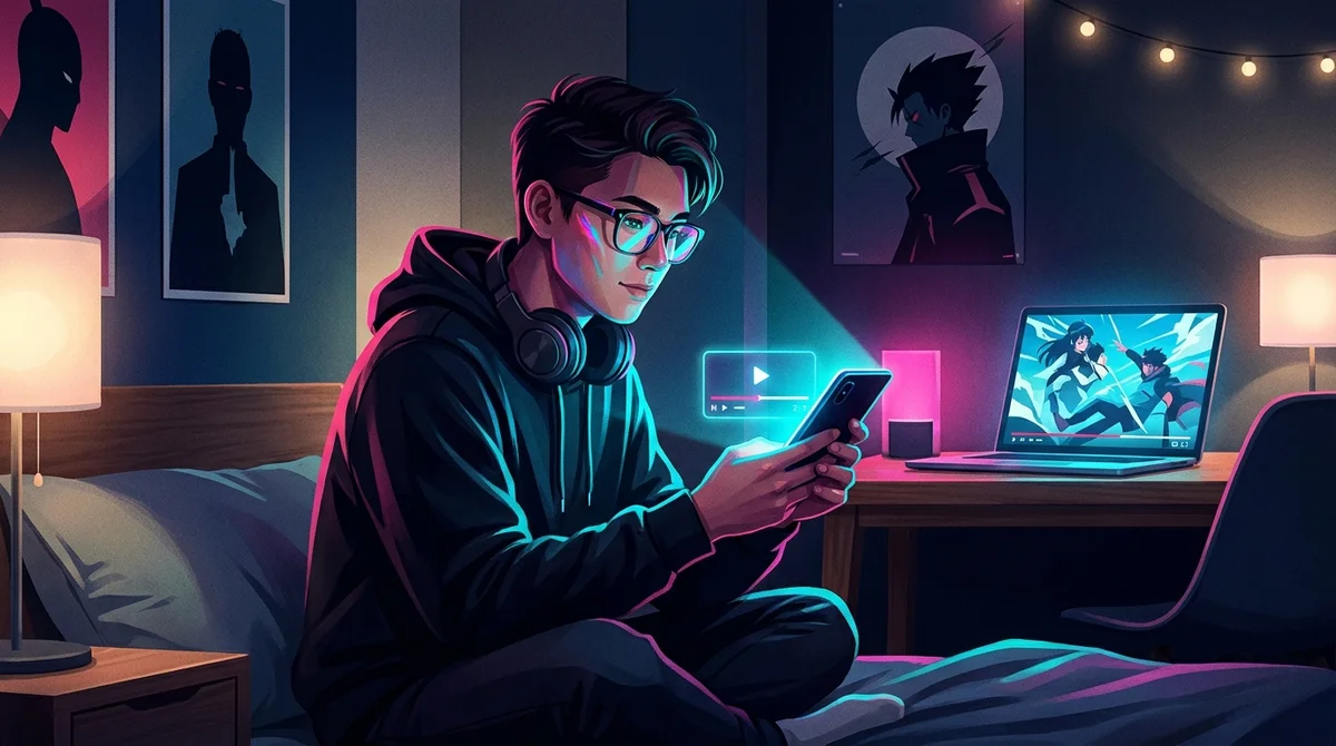 Jeune adulte regardant du streaming d'animés en VF et VOSTFR sur smartphone dans une chambre moderne et cosy.