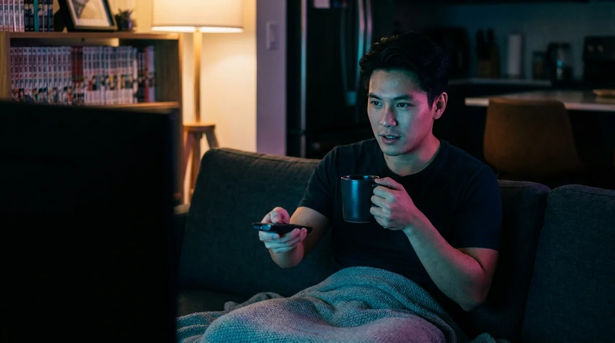 Jeune adulte regardant du streaming d'anime en VF et VOSTFR dans un salon cosy avec une collection de mangas