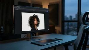 Studio moderne avec moniteur affichant une IA pour supprimer gratuitement l'arrière-plan d'un portrait.