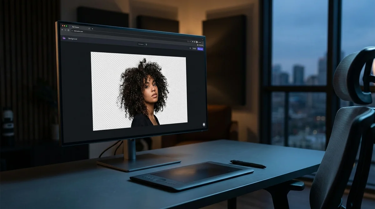 Studio moderne avec moniteur affichant une IA pour supprimer gratuitement l'arrière-plan d'un portrait.