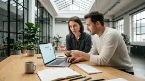Studio de design lumineux avec table en bois et outils de conception pour l integration d une fonctionnalite IA.